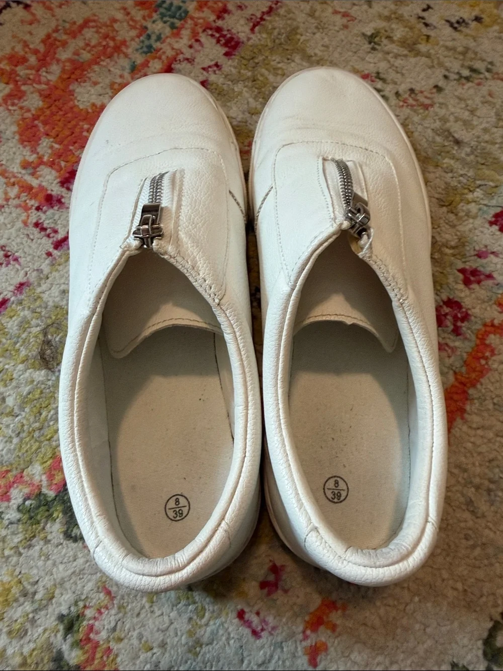 White Zip Front Slip-On Leather Sneakers – Women’s Size 8